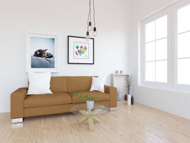 İskandinav oturma odası iç kanepe, bitkiler ve ahşap zemin ile fikir. Ev nordic iç. 3D çizim 