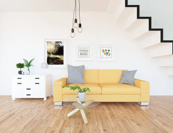 Představu Interiéru Skandinávské Obývacího Pokoje Pohovkou Rostliny Dřevěné Podlahy Domácí — Stock fotografie