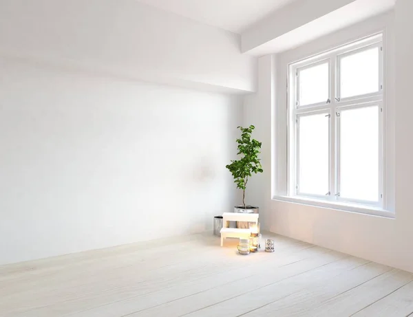 Idea Habitación Escandinava Vacía Interior Con Plantas Suelo Madera Decoración — Foto de Stock