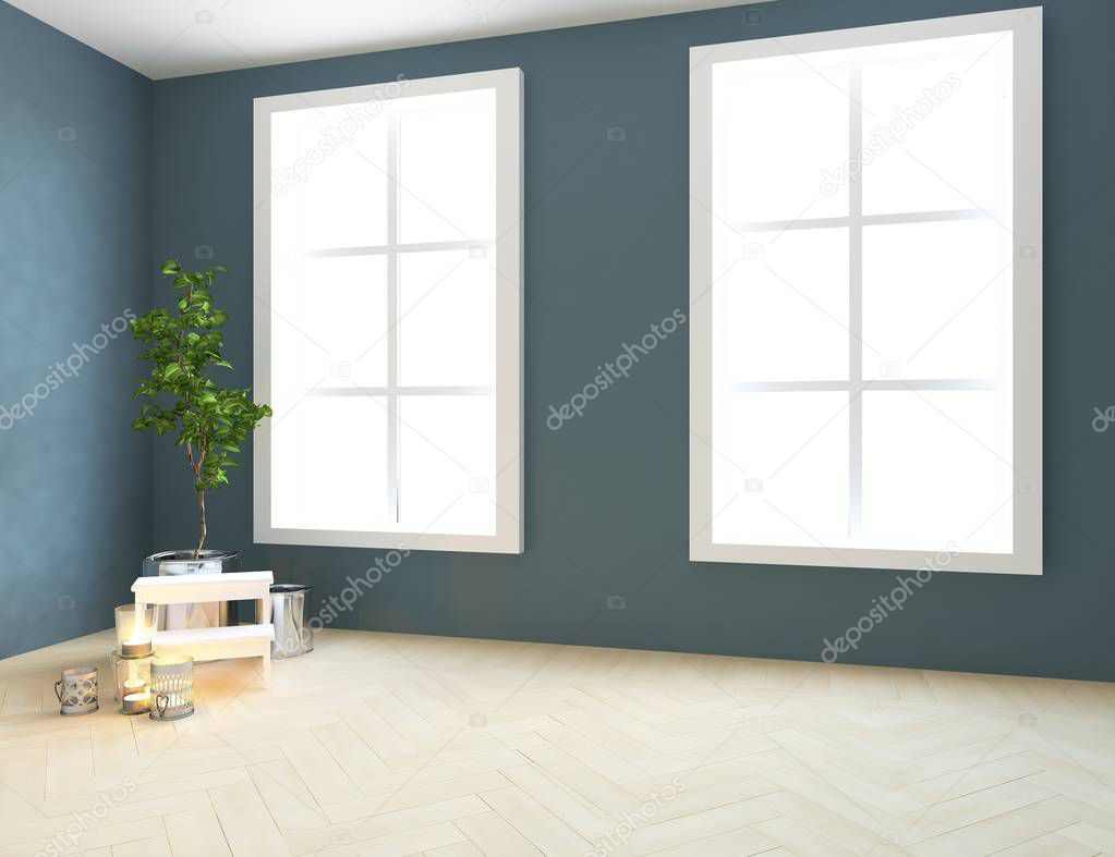 Idea of  empty scandinavian room interior with plants on wooden floor and decor. Home nordic interior. 3D illustration