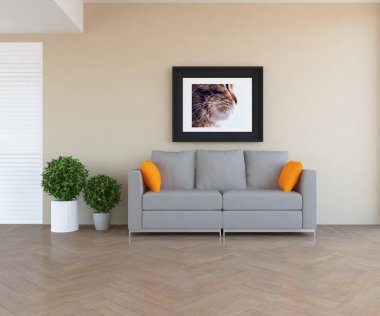 Kanepe, ahşap zemin ve büyük yeşil bitkiler ile beyaz İskandinav oturma odası iç fikir. Ev Nordic iç. 3D çizim