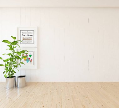 Ahşap zemin ve büyük duvar ve beyaz peyzaj bitki ile beyaz boş İskandinav oda iç fikir. Arka plan iç. Ev Nordic iç. 3D çizim 