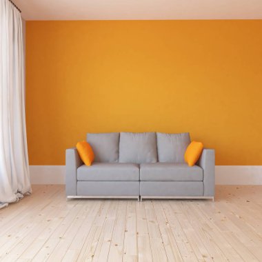 Ahşap zemin ve dekor, kanepe ile İskandinav oturma odası iç fikir. Ev Nordic iç. 3D çizim