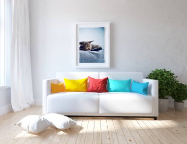 Kanepe, ahşap zemin ve büyük yeşil bitkiler ile beyaz İskandinav oturma odası iç fikir. Ev Nordic iç. 3D çizim