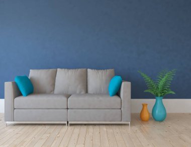 Kanepe ile beyaz İskandinav oturma odası iç fikir, ahşap zemin üzerinde bitki, büyük duvar. Ev Nordic iç. 3D çizim