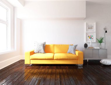 Kanepe ile beyaz İskandinav oturma odası iç fikir, ahşap zemin üzerinde bitki, büyük duvar. Ev Nordic iç. 3D çizim