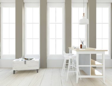 Pencere içinde yemek mobilyaları ve ahşap zemin ve beyaz peyzaj ile beyaz İskandinav mutfak odası iç fikir. Ev Nordic iç. 3D çizim