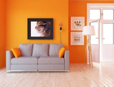 Ahşap zemin ve dekor, kanepe ile İskandinav oturma odası iç fikir. Ev Nordic iç. 3D çizim