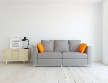 Ahşap zemin ve dekor, kanepe ile İskandinav oturma odası iç fikir. Ev Nordic iç. 3D çizim