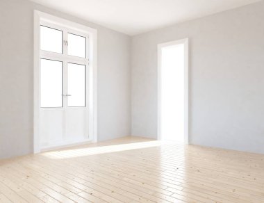 Cam ahşap zemin ve büyük duvar ve beyaz manzara ile beyaz boş İskandinav oda iç fikir. Arka plan iç. Ev Nordic iç. 3D çizim