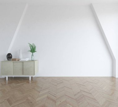 Ahşap zemin ve büyük duvar üzerinde şifonyalı beyaz boş İskandinav oda iç fikir. Arka plan iç. Ev Nordic iç. 3D çizim 