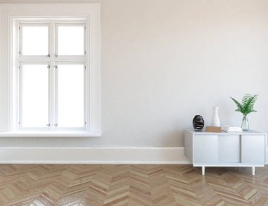 Ahşap zemin ve büyük duvar üzerinde şifonyalı beyaz boş İskandinav oda iç fikir. Arka plan iç. Ev Nordic iç. 3D çizim 