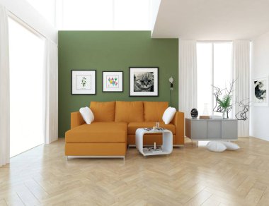 Kanepe ile beyaz İskandinav oturma odası iç fikir, ahşap zemin üzerinde bitki, büyük duvar. Ev Nordic iç. 3D çizim