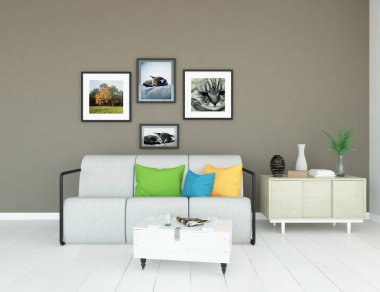 Kanepe ile beyaz İskandinav oturma odası iç fikir, ahşap zemin üzerinde bitki, büyük duvar. Ev Nordic iç. 3D çizim