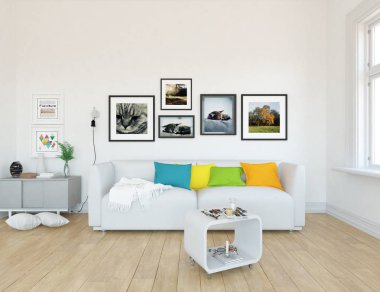 Kanepe ile beyaz İskandinav oturma odası iç fikir, ahşap zemin üzerinde bitki, büyük duvar. Ev Nordic iç. 3D çizim