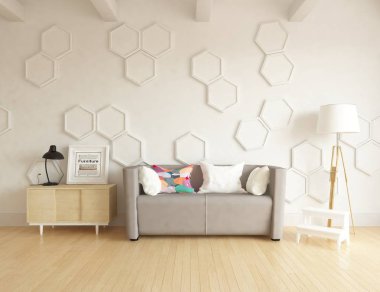 Ahşap zemin ve dekor, kanepe ile İskandinav oturma odası iç fikir. Ev Nordic iç. 3D çizim