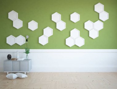 Ahşap zemin ve büyük duvar üzerinde şifonyalı beyaz boş İskandinav oda iç fikir. Arka plan iç. Ev Nordic iç. 3D çizim 