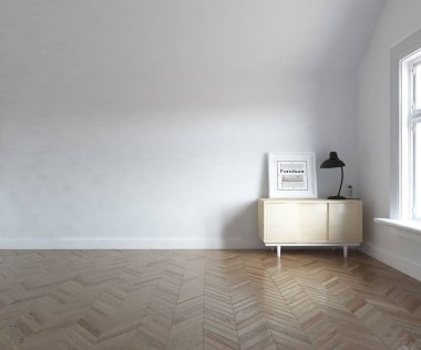 Ahşap zemin ve büyük duvar üzerinde şifonyalı beyaz boş İskandinav oda iç fikir. Arka plan iç. Ev Nordic iç. 3D çizim 