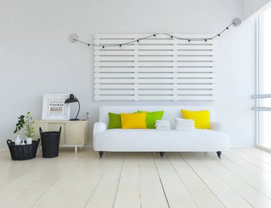 Kanepe, ahşap zemin ve büyük yeşil bitkiler ile beyaz İskandinav oturma odası iç fikir. Ev Nordic iç. 3D çizim