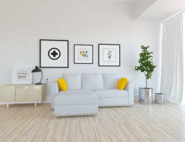 Kanepe ile beyaz İskandinav oturma odası iç fikir, ahşap zemin üzerinde bitki, büyük duvar. Ev Nordic iç. 3D çizim