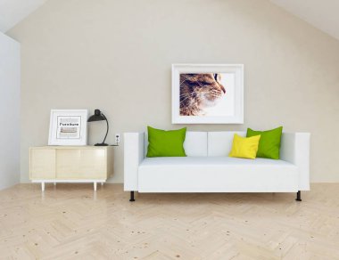 Ahşap zemin ve dekor, kanepe ile İskandinav oturma odası iç fikir. Ev Nordic iç. 3D çizim