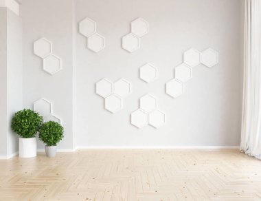 Ahşap zemin ve büyük duvar bitkiler ile beyaz boş İskandinav oda iç fikir. Arka plan iç. Ev Nordic iç. 3D çizim 