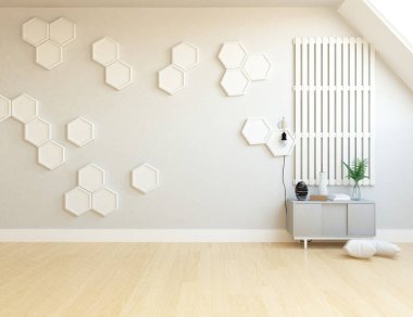 Ahşap zemin ve büyük duvar üzerinde şifonyalı beyaz boş İskandinav oda iç fikir. Arka plan iç. Ev Nordic iç. 3D çizim 