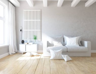 Kanepe ile beyaz İskandinav oturma odası iç fikir, ahşap zemin üzerinde bitki, büyük duvar. Ev Nordic iç. 3D çizim