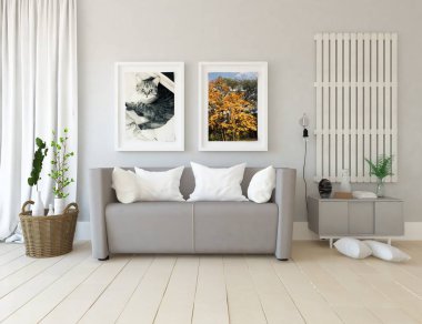 Kanepe, ahşap zemin ve büyük yeşil bitkiler ile beyaz İskandinav oturma odası iç fikir. Ev Nordic iç. 3D çizim