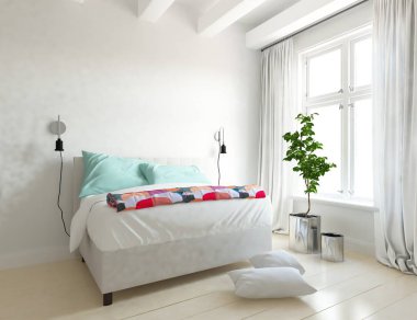 Ahşap zemin ve büyük duvar çift kişilik yatak ile beyaz İskandinav yatak odası iç fikir. Ev Nordic iç. 3D çizim