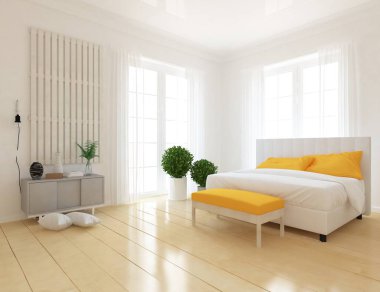 Ahşap zemin ve büyük duvar çift kişilik yatak ile beyaz İskandinav yatak odası iç fikir. Ev Nordic iç. 3D çizim