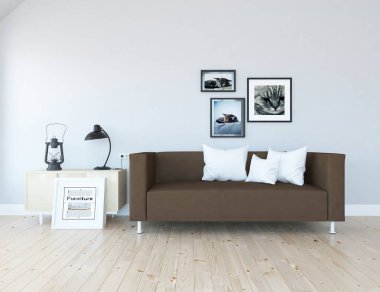 Ahşap zemin ve dekor, kanepe ile İskandinav oturma odası iç fikir. Ev Nordic iç. 3D çizim