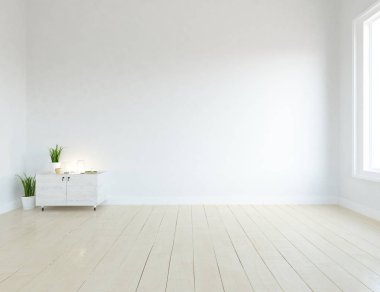 Ahşap zemin ve büyük duvar üzerinde şifonyalı beyaz boş İskandinav oda iç fikir. Arka plan iç. Ev Nordic iç. 3D çizim 