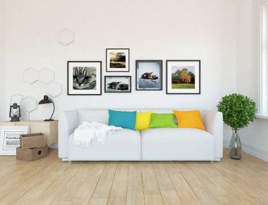 Kanepe ile beyaz İskandinav oturma odası iç fikir, ahşap zemin üzerinde bitki, büyük duvar. Ev Nordic iç. 3D çizim