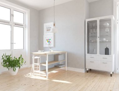 Pencere içinde yemek mobilyaları ve ahşap zemin ve beyaz peyzaj ile beyaz İskandinav mutfak odası iç fikir. Ev Nordic iç. 3D çizim