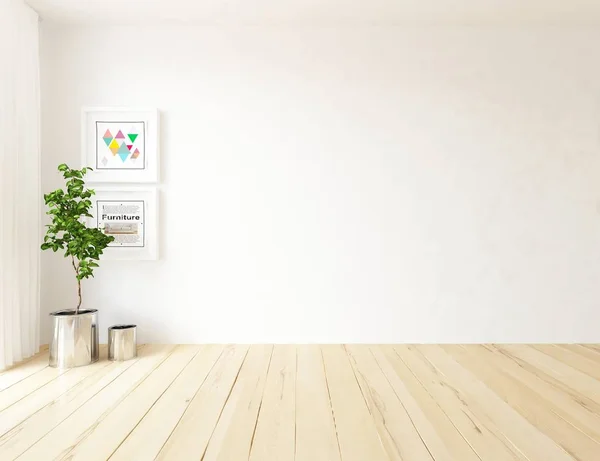 Idéia Interior Sala Escandinavo Vazio Branco Com Planta Chão Madeira — Fotografia de Stock