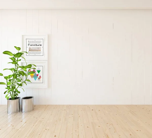 Idéia Interior Sala Escandinavo Vazio Branco Com Planta Chão Madeira — Fotografia de Stock