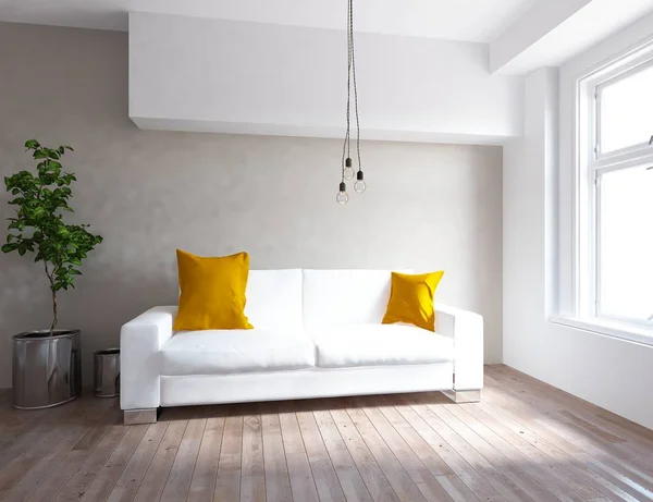 Idea Una Sala Estar Escandinava Blanca Interior Con Sofá Planta — Foto de Stock