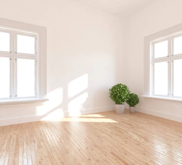Idea of a white empty scandinavian room interior with plants  on the wooden floor and large wall and white landscape. Background interior. Home nordic interior. 3D illustration