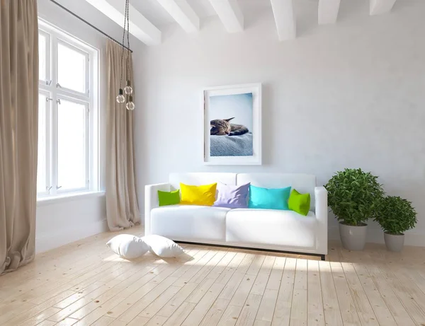 Představa Bílého Skandinávského Obývacího Pokoje Pohovkou Zelenými Rostlinami Dřevěné Podlaze — Stock fotografie