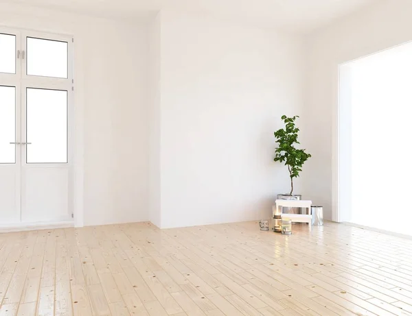 Idea of a white empty scandinavian room interior with plant  on the wooden floor and large wall and white landscape. Background interior. Home nordic interior. 3D illustration