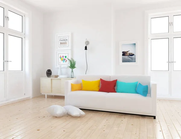 Idea Una Sala Estar Escandinava Blanca Interior Con Sofá Planta — Foto de Stock