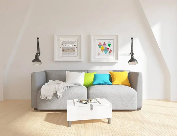 Idea of  scandinavian living room interior with sofa,  on the wooden floor and decor. Home nordic interior. 3D illustration