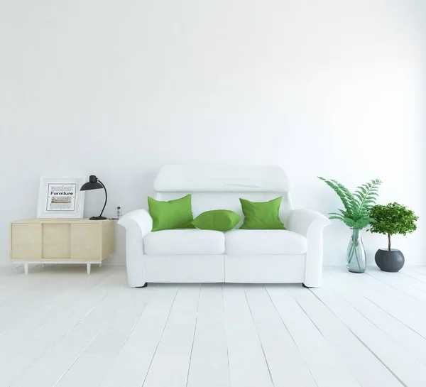 一个白色的斯堪的纳维亚客厅内部的想法 绿色的植物在木地板上和大 家北欧内饰 — 图库照片