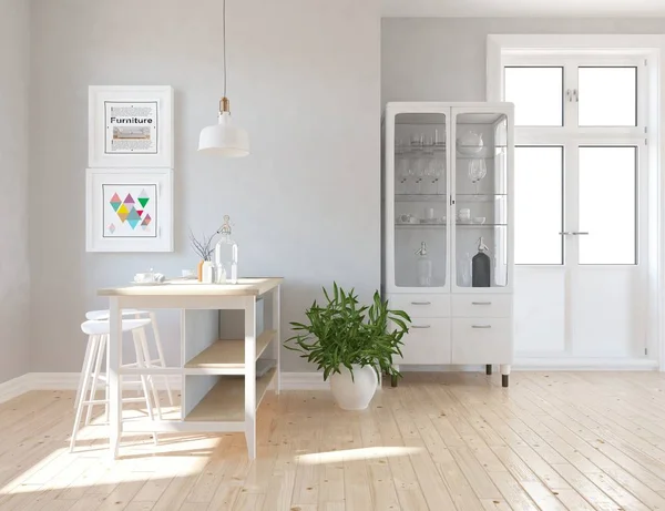 Idée Intérieur Cuisine Scandinave Blanc Avec Mobilier Salle Manger Sol — Photo