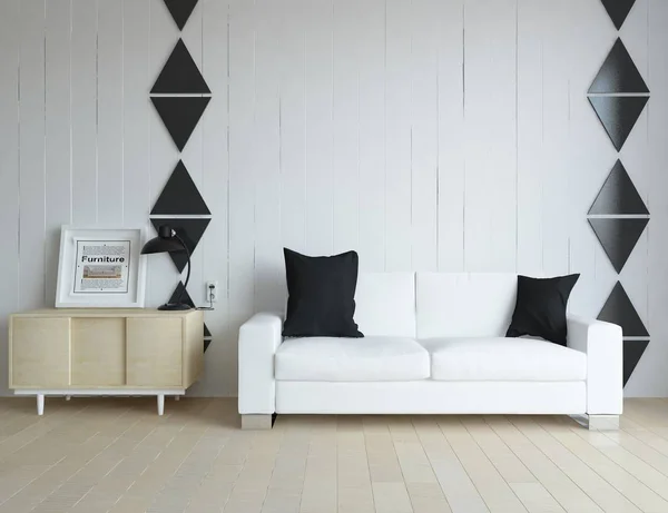 ソファ 木製の床と装飾でスカンジナビアリビングルームのインテリアのアイデア ホームノルディックインテリア イラストレーション — ストック写真