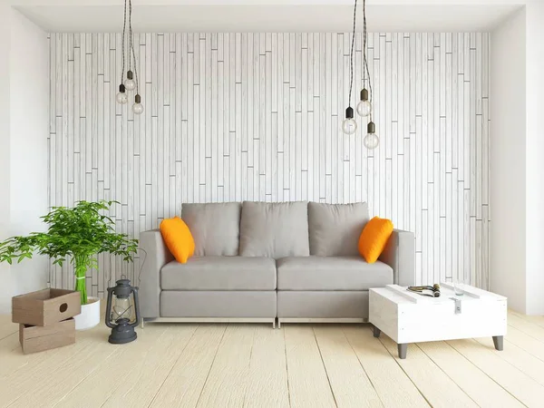 一个白色的斯堪的纳维亚客厅内部的想法与沙发 植物在木地板上 家北欧内饰 — 图库照片