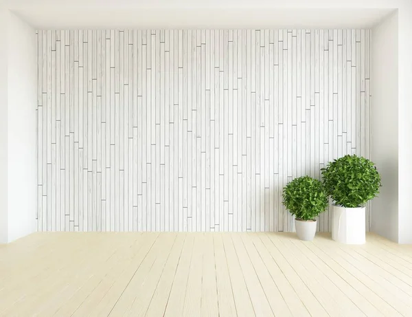 一个白色的空斯堪的纳维亚房间内部的想法与植物在木地板和大墙 背景内饰 家北欧内饰 — 图库照片