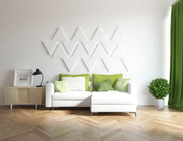 Idéia Interior Sala Estar Escandinavo Branco Com Sofá Planta Chão — Fotografia de Stock