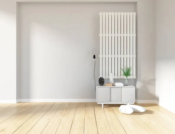 Idea of a white empty scandinavian room interior with dresser on the wooden floor and large wall . Background interior. Home nordic interior. 3D illustration